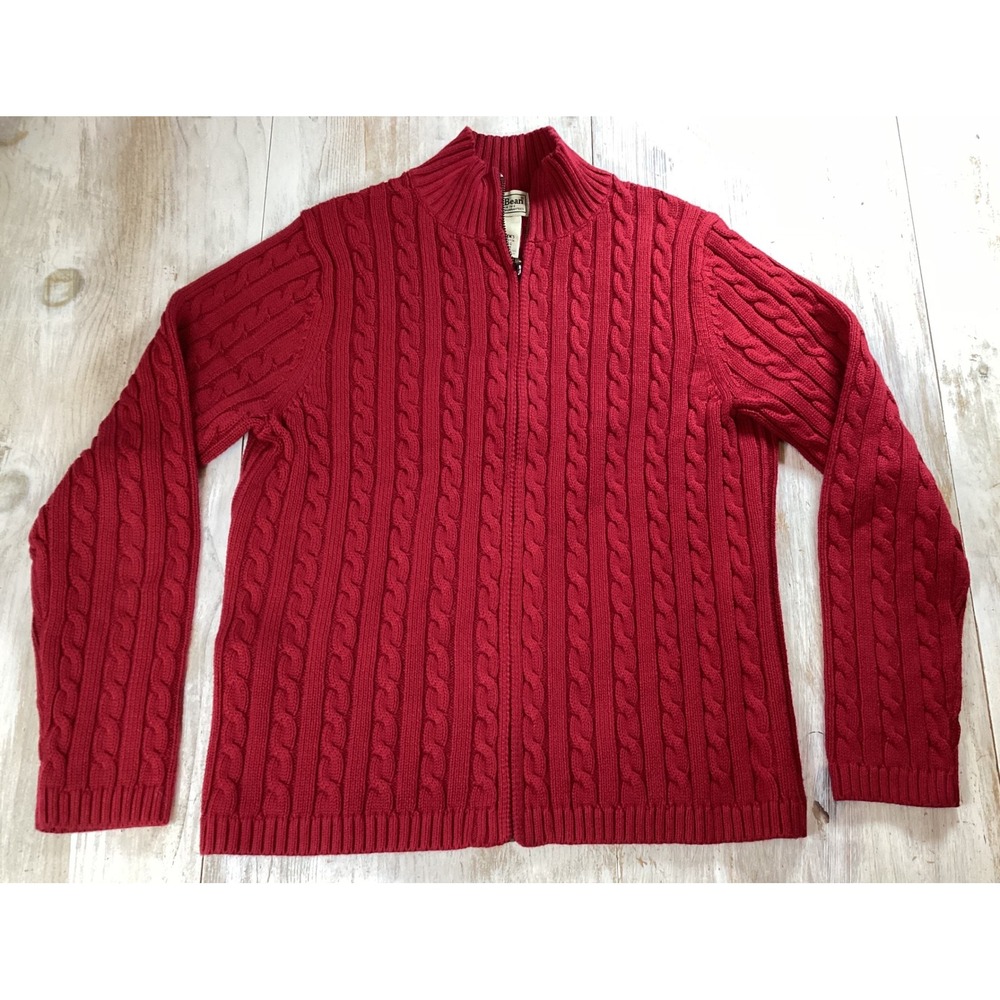 LL Bean Womens Red Cable Knit Full Zip Mock Neck Sweater M Regular Cotton Chunky